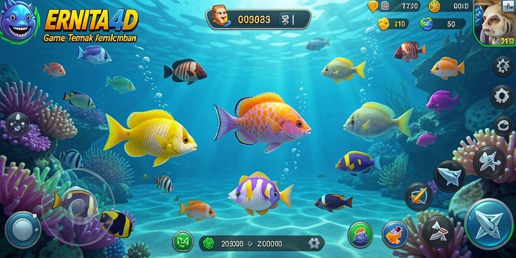 Tampilan screenshot ERNITA4D yang menampilkan aksi tembak ikan yang seru.
