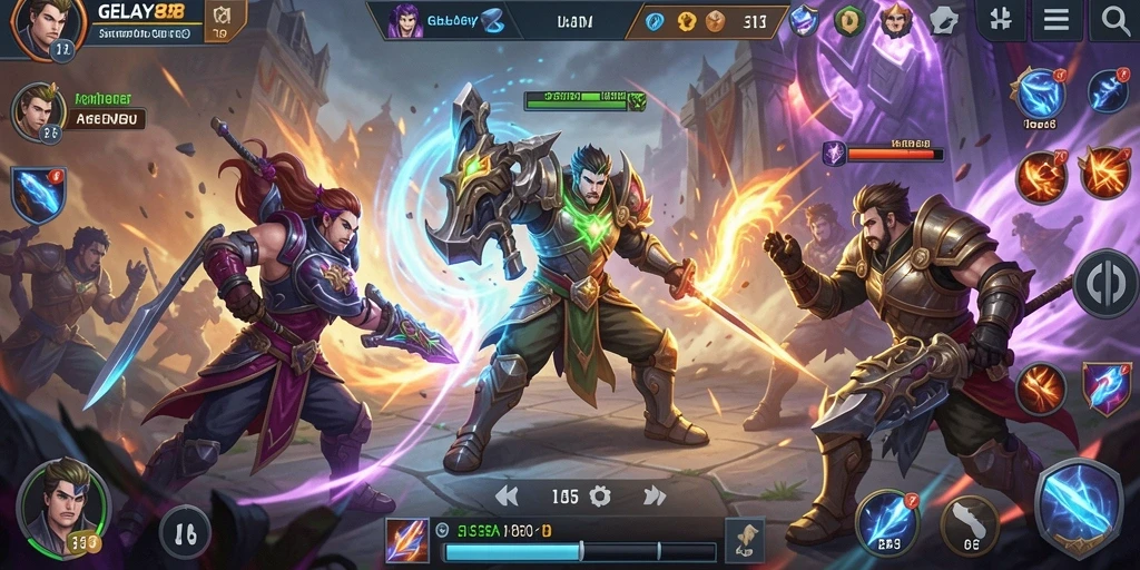 Tampilan seru dari gameplay MOBA di GELAY88.