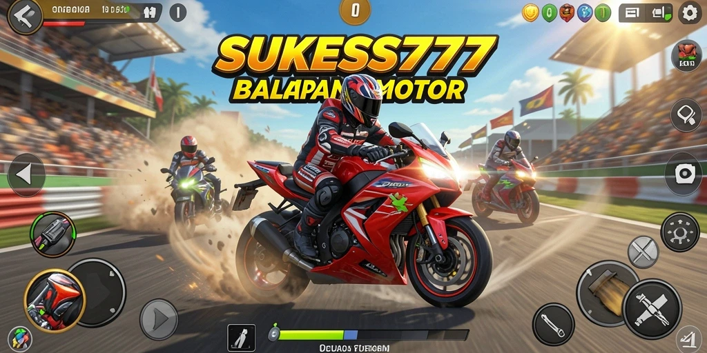 Screenshot utama menampilkan aksi balap motor yang mendebarkan di SUKSES777.