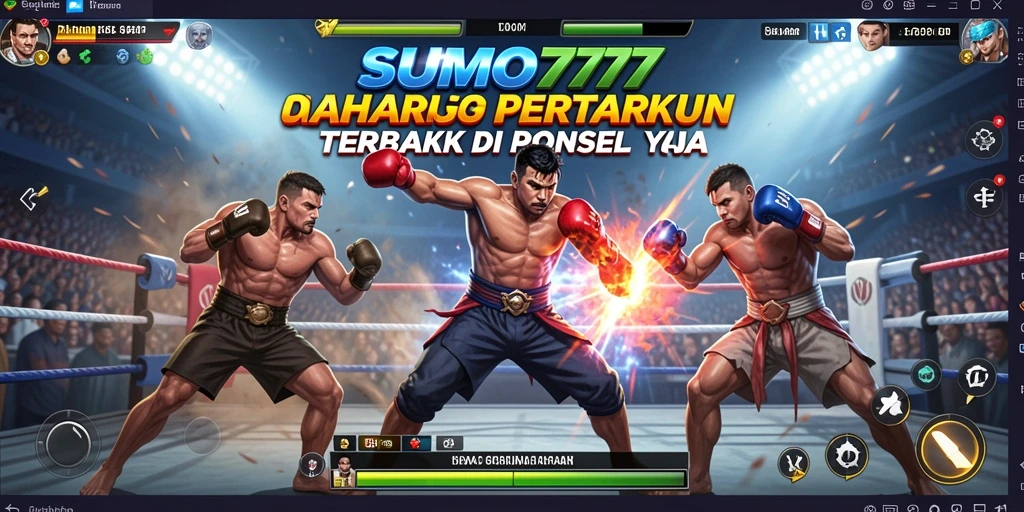 Screenshot SUMO777 menunjukkan aksi pertarungan sumo yang intens dan menegangkan.