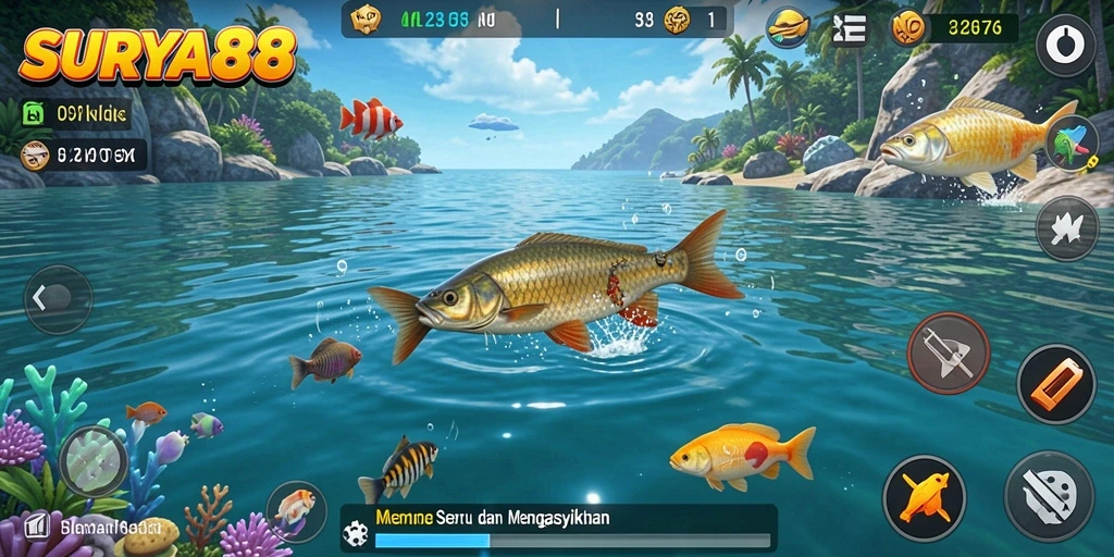 Screenshot gameplay SURYA88 dengan suasana memancing yang indah.