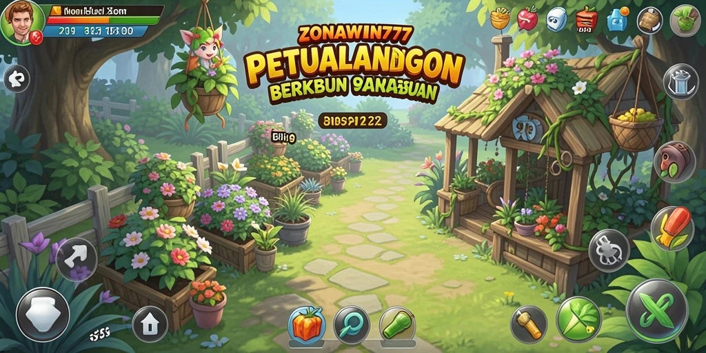 Tampilan gameplay ZONAWIN777 yang menunjukkan suasana berkebun yang asri.
